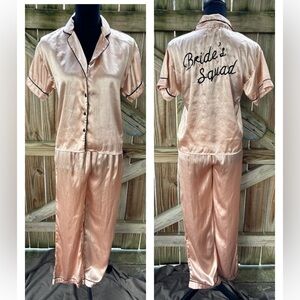 Boohoo Bride’s Squad Short Sleeve Rose Gold Satin Embroidered Pajama Set Size 4